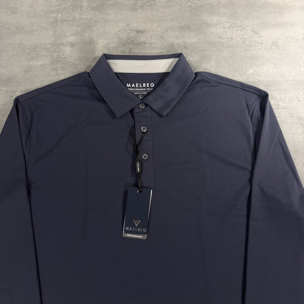 Maelreg Performance Polo Mens L Dark Grey Long Sleeve Wicking Stretch Golf Shirt